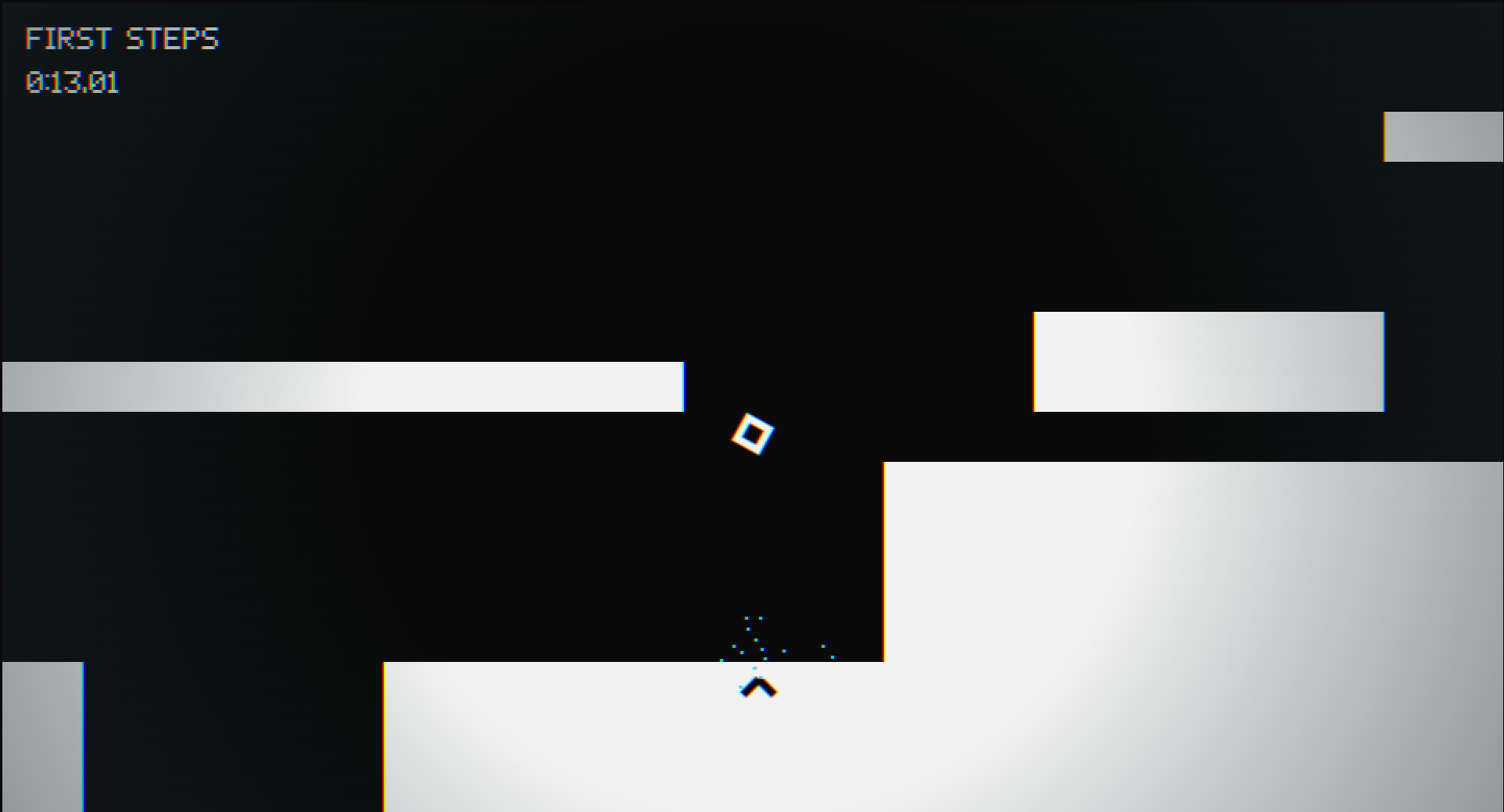 In-game capture of the level “FIRST STEPS” at 0:13.01: a white diamond player character falling between stark white platforms on a black background, with chromatic-aberration edges, scanline grain, and a small cyan particle burst above a dark chevron spike
