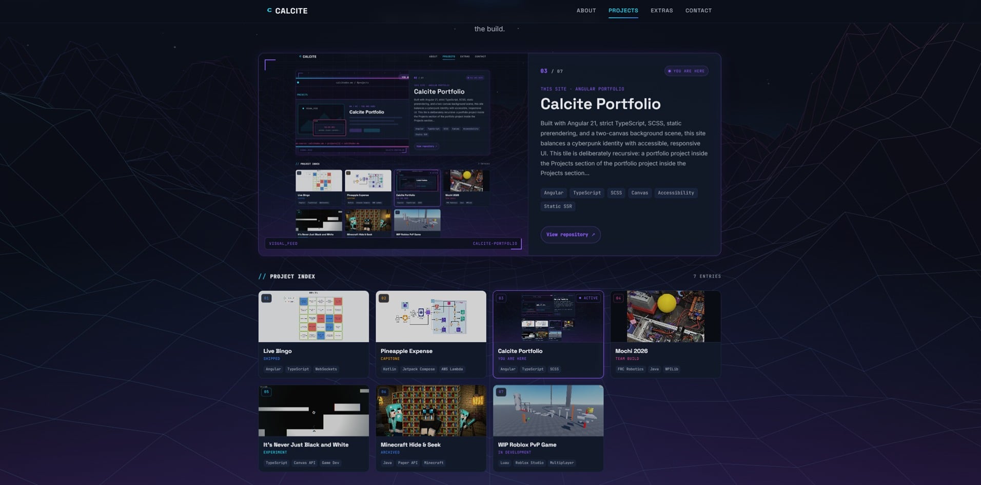 Screenshot of this portfolio’s Projects section, whose Calcite Portfolio detail view shows the same section again, three levels deep