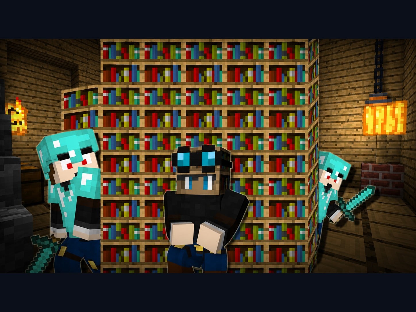 Rendered Minecraft scene in a torch- and lantern-lit library: a player in a black hoodie and cyan-lensed goggles crouches against a wall of bookshelves while two diamond-helmeted players holding diamond swords close in from either side